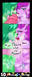 absurdres after_fellatio artifact_the_fox ass ass_focus begging bunny_boy cheating comic corruption cum cum_in_mouth cum_on_face dialogue drinking enid_(ok_ko) evil_smile eyelashes femsub fink_(ok_ko) fox_boy furry glowhorn green_hair group_sex looking_at_viewer looking_back maledom ok_k.o.!_let's_be_heroes original penis purple_eyes purple_hair pussy pussy_juice rat_girl red_eyes sharp_teeth simple_background smile sweat tail text tongue tongue_out rating:Explicit score:38 user:ArtifactFox