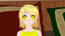  3d animated animated_eyes_only animated_gif bare_shoulders blonde_hair breasts clothed expressionless female_only femsub helenahunter miku_hypno rin_kagamine ring_eyes short_hair solo spiral_eyes symbol_in_eyes vocaloid  rating:safe score: user:hypnobae