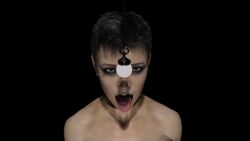 3d absurdres barefoot black_hair female_only femsub goth jingai kneeling original pendulum piercing short_hair solo tongue tongue_out topless rating:questionable score: user:jingai