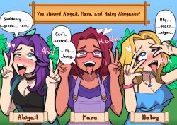  abigail_(stardew_valley) absurdres ahegao blonde_hair blue_eyes blush body_control bracelet breasts brown_hair choker cleavage crossed_eyes dark_skin dialogue double_v drool embarrassed english_text eye_roll female_only femsub glasses goth green_eyes haley_(stardew_valley) jewelry large_breasts long_hair maru_(stardew_valley) multiple_girls multiple_subs necklace open_mouth pov pov_dom purple_eyes purple_hair short_hair speech_bubble stalx stardew_valley tears text tongue tongue_out v  rating:questionable score: user:downover10@gmail.com