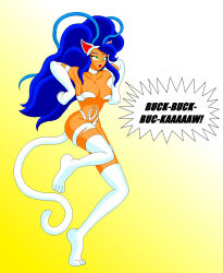 absurdres animal_ears blue_eyes breasts capcom chicken_pose crossed_eyes darkstalkers felicia_(darkstalkers) female_only femsub happy_trance large_breasts long_hair nekohybrid pet_play solo tail text thighhighs unfocused_eyes rating:questionable score: user:minguskingus