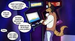 arcade_game caine_latrans cainelatrans coyote_boy dialogue dog_boy fangs furry jock male_only original smile standing text video_game rating:Safe score:14 user:Hypnorgasm