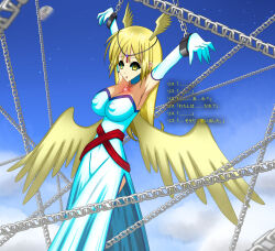 angel angel_girl arms_above_head artist_request bondage breasts corruption empty_eyes erect_nipples expressionless femsub large_breasts original purification text translated wings yellow_eyes rating:Questionable score:13 user:hypno