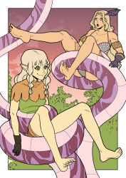 absurdres amazon_(dragon's_crown) ass bare_legs barefoot belt bikini blonde_hair braid collarbone dragon's_crown efalabrino elf_(dragon's_crown) elf_ears feet female_only femsub forest gloves hair_ornament happy_trance kaa_eyes light_skin long_hair midriff navel outdoors shirt shorts sitting smile snake surprised tan_skin rating:Questionable score:51 user:efala