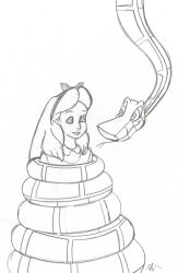 alice alice_in_wonderland bow coils disney greyscale happy_trance hypnotic_eyes kaa kaa_eyes lol20 monochrome sketch smile snake the_jungle_book rating:safe score: user:jabberwocky