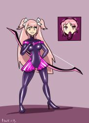  absurdres bow cameltoe cangkulretak empty_eyes evil_smile femsub high_heels latex madoka_kaname pink_eyes pink_hair possession puella_magi_madoka_magica slime smile tentacle_in_mouth tentacles twintails weapon  rating:questionable score: user:kiuflorete