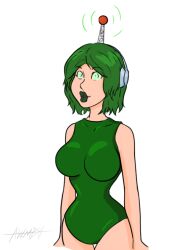 antenna awmbh breasts female_only fembot femsub green_eyes green_hair happy_trance headphones kathy_(theheckle) latex one-piece_swimsuit original puckered_lips robotization solo spiral_eyes swimsuit symbol_in_eyes tech_control theheckle western rating:Safe score:58 user:AWMBH