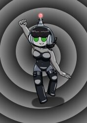 antenna black_hair buttons_(hopeless_mania) fembot femsub green_hair grey_skin headphones high_heels latex original robot_girl robotization spiral_eyes supertechno324 symbol_in_eyes rating:Questionable score:14 user:SuperTechno324