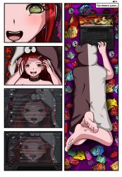 absurdres barefoot blackwidowx blush choker comic corruption dangan_ronpa drool empty_eyes femsub green_eyes happy_trance open_mouth piercing red_hair right_to_left short_hair smile spoilers symbol_in_eyes tears text tongue tongue_out xania_(blackwidowx) rating:Questionable score:44 user:BlackWidow69x