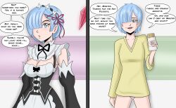 before_and_after blue_eyes blue_hair blush breasts cleavage cozification crystal female_only femsub food happy_trance large_breasts maid pendulum polmanning re:zero_starting_life_in_another_world rem_(re:zero) short_hair smile text rating:Questionable score:93 user:PolManning