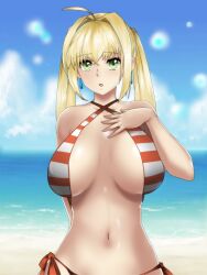 a_string beach bikini blonde_hair breasts cleavage clothed_exposure earrings fate/extra fate_(series) jewelry large_breasts long_hair micro_bikini midriff saber_extra twintails rating:Questionable score:53 user:TheGoodShank