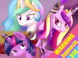 animals_only browned_toast crown femsub happy_trance heart heart_eyes horns jewelry long_hair multicolored_hair my_little_pony princess princess_cadance princess_celestia straight-cut_bangs symbol_in_eyes twilight_sparkle wings rating:Explicit score:20 user:Poinger
