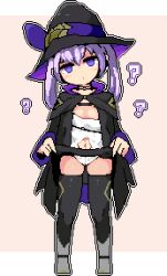  bluehat blush boots cape choker confused empty_eyes femsub hat high_heels leotard navel pixel_art purple_eyes purple_hair skirt skirt_lift thigh_boots thighhighs twintails witch witch_hat  rating:questionable score: user:vortexmaster