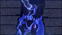 armor blue_hair caption dialogue eyeshadow femdom furry gloves helmet horns horse_girl long_hair love magic manip my_little_pony nightmare_moon nyausi pov pov_sub royalty slit_pupils smile suppas_(manipper) text wings rating:questionable score: user:suppas