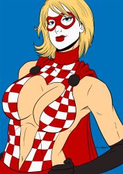 alternate_costume batman_(series) blonde_hair blue_eyes breasts cape cleavage_cutout collar corruption dc_comics enemy_conversion female_only femsub happy_trance large_breasts power_girl roe_mesquita short_hair super_hero superman_(series) western rating:Questionable score:34 user:solddate