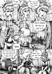 absurdres bee_girl black_sclera breasts bug_girl comic elf elf_ears female_only greyscale justsketchingviolets large_breasts monochrome original text traditional rating:Safe score:16 user:JustSketchingViolets
