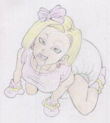 age_regression android_18 blonde_hair blue_eyes diaper dragon_ball drool earrings hair_ribbon happy_trance jewelry mittens mystrangelove open_mouth ribbon rating:questionable score: user:astrangeaddiction