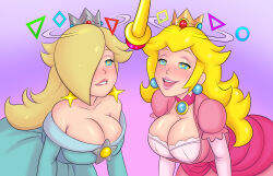 absurdres arabatos blonde_hair blush breasts cleavage crown earrings female_only femsub gloves hair_covering_one_eye happy_trance jewelry kaa_eyes large_breasts lip_biting long_hair magic magic_wand multiple_girls multiple_subs nintendo open_mouth princess princess_peach princess_rosalina smile super_mario_bros. rating:Safe score:332 user:Roxa