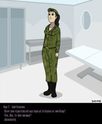 bimbofication boots breast_expansion breasts brown_hair dialogue doctor femsub hat military_hat military_uniform original ponytail sortimid standing standing_at_attention text transformation uniform rating:Questionable score:11 user:baiket