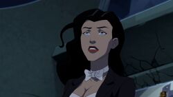 black_hair blue_eyes bow_tie cleavage dc_comics expressionless female_only femsub long_hair magician screenshot standing standing_at_attention super_hero western young_justice zatanna_zatara rating:Safe score:11 user:hypno