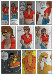 amanda_(wendall) cleavage clothed comic femsub glasses jeans maledom midriff pendulum pocket_watch ponytail resisting spiral text wendall rating:Questionable score:24 user:Wendall