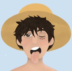 black_hair bunglingbogey expressionless heart heart_eyes male_only malesub monkey_d._luffy one_piece simple_background symbol_in_eyes tongue tongue_out rating:Questionable score:3 user:Bugbear