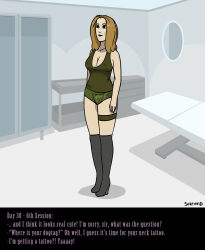 bimbofication blonde_hair boots breast_expansion breasts dialogue femsub garter high_heels knee-high_boots original shorts smile sortimid standing standing_at_attention tank_top text transformation rating:Questionable score:15 user:baiket