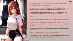 ai_art caption cuddling demon demon_girl dittouh_(generator) femdom horns hypnotic_massage long_hair male_pov malesub massage night office office_lady red_hair shirt shorts story succubus yellow_eyes rating:Explicit score:8 user:Dittouh