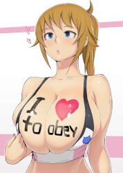 ao_madoushi blue_eyes body_writing breast_expansion breasts brown_hair cleavage dazed empty_eyes female_only femsub fumina_hoshino gundam_(series) gundam_build_fighters gundam_build_fighters_try heart large_breasts manip ponytail short_hair text tiechonortheal_(manipper) rating:Questionable score:268 user:tiechonortheal