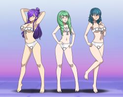 barefoot blush byleth_eisner cleavage dancing empty_eyes female_only femsub fire_emblem fire_emblem_three_hopes fire_emblem_three_houses flayn_(fire_emblem_three_houses) green_hair happy_trance harem_outfit heart_eyes large_breasts looking_at_viewer micro_bikini multiple_girls multiple_subs navel nintendo purple_hair shez_(fire_emblem) shinzu short_hair smile symbol_in_eyes white_eyes rating:Questionable score:52 user:AetherMage