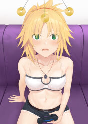 absurdres belt blonde_hair blush breasts cleavage coin couch fate/apocrypha fate_(series) female_only femsub game_controller green_eyes heart heart_eyes jean_shorts midriff mordred_(fate) necklace open_mouth pendulum playstation short_shorts small_breasts solo spiral_eyes symbol_in_eyes tagme tank_top tears tomboy wowan_baihe_zenmeliao rating:safe score: user:meepmoop42