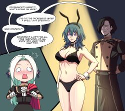 arms_behind_back black_hair blue_hair blush bra breasts bunny_ears bunny_girl byleth_eisner cape chibi cleavage clothed comic cuffs dialogue edelgard_von_hresvelg electrickronos fake_animal_ears femsub fire_emblem fire_emblem_three_houses gloves glowing glowing_eyes hair_ornament hand_on_hip happy_trance hubert_von_vestra large_breasts long_hair maledom multiple_girls navel nintendo open_mouth panties purple_eyes ribbon school_uniform short_hair smile speech_bubble standing standing_at_attention surprised text underwear uniform white_hair rating:Questionable score:170 user:Mattlau04