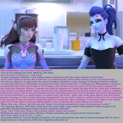 3d blue_skin brown_hair caption clothed consensual d.va dialogue female_only femdom femsub happy_trance hypnotic_accessory long_hair maid microchip overwatch ponytail self_hypnosis small_breasts smile spllcstr tech_control text widowmaker rating:Safe score:32 user:Spllcstr