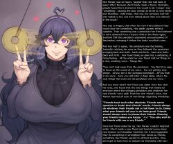 ahoge breasts caption coin double_v female_only femsub ghost13_(writer) hairband happy_trance heart hex_maniac huge_breasts icontrol_(manipper) large_breasts looking_at_viewer maledom manip metal_owl nintendo pendulum pokemon pokemon_x_and_y purple_hair smile solo spiral_eyes sweater symbol_in_eyes text v very_long_hair rating:Questionable score:176 user:Icontrol