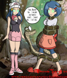 blue_hair breasts brokenteapot coils dawn dialogue disney female_only femsub hat hypnotic_eyes hypnotized_walking johanna kaa kaa_eyes large_breasts long_hair nintendo pokemon pokemon_(anime) pokemon_diamond_pearl_and_platinum snake standing standing_at_attention text the_jungle_book rating:Questionable score:58 user:hypno