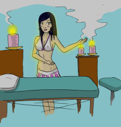 bed blue_hair blush candle earrings erect_nipples faustus female_only flame jewelry original smoke rating:Questionable score:20 user:pokemongirl