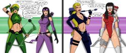 absurdres alternate_costume arrow artemis before_and_after black_hair blonde_hair bow_(weapon) breasts cleavage comic corruption dc_comics dialogue femsub garter_straps gloves happy_trance hawkeye kate_bishop_(hawkeye) large_breasts leotard licking lipstick long_hair maledom marvel_comics midriff polmanning ponytail super_hero text thighhighs thong weapon western wrist_band young_justice rating:Questionable score:102 user:greenboy07