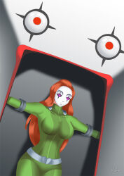 bodysuit bondage breasts haryudanto hypnotic_accessory large_breasts long_hair mask orange_hair sam solo spiral_eyes symbol_in_eyes totally_spies rating:Questionable score:12 user:TheGoodShank