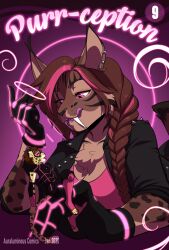 absurdres ash_(ashkelling) brown_hair cat_boy cat_girl clothed dazed femdom furry giantess happy_trance kittydee leopard_boy long_hair lynx_girl malesub open_mouth original simple_background smile text tongue zaide_(ashkelling) rating:Safe score:32 user:AshKelling