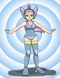 absurdres antenna blue_hair breasts erect_nipples female_only fembot femsub happy_trance headphones hypnotic_accessory latex long_hair nintendo pokemon pokemon_ruby_sapphire_and_emerald robotization smile solo spiral_eyes supertechno324 symbol_in_eyes tech_control thighhighs winona rating:Questionable score:18 user:SuperTechno324