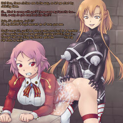 asuna blonde_hair bodysuit breasts corruption enemy_conversion femsub futadom futanari large_breasts latex laughing_coffin lisbeth long_hair mahou-ya open_mouth penis pink_hair short_hair sword_art_online text thighhighs rating:explicit score: user:itzugushi