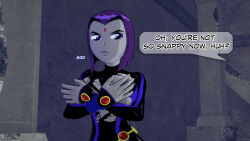 angry breasts covering dc_comics dialogue dogdog english_text femsub goth grey_skin maledom nipples purple_eyes purple_hair raven text time_stop torn_clothes rating:Explicit score:1 user:Bootyhunter69