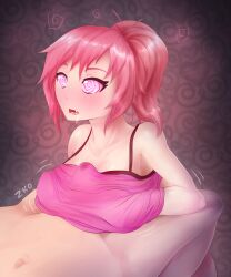 breasts clothed_paizuri collarbone crystal_(zko) drool erection expressionless femsub heart heterosexual original paizuri penis pink_hair ponytail spiral spiral_eyes symbol_in_eyes tank_top wet_clothes zko rating:Explicit score:491 user:Zko