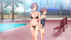 absurdres altered_common_sense bare_shoulders barefoot breasts brown_hair cleavage collarbone expressionless femsub hitomi_(indifference_pool) huge_breasts indifference_pool leotard looking_at_viewer milf mother_and_daughter mutsuki_(indifference_pool) nyuu_(manekin-eko) pov pov_dom purple_eyes short_hair small_breasts sweat thick_thighs rating:Safe score:29 user:ThreePosis