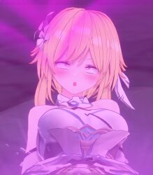 3d blonde_hair blush censored cleavage crossed_eyes custom_maid_3d_2 dildo female_only femsub genshin_impact glowing hair_ornament heart heart_eyes lumine_(genshin_impact) open_mouth pink_eyes pussy_juice setonoyorimiti short_hair solo spread_legs squirting symbol_in_eyes thick_thighs rating:Questionable score:17 user:VortexMaster