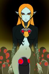  breasts drool elf_ears expressionless femsub large_breasts long_hair midna navel nintendo orange_eyes orange_hair princess red_eyes sendy1992 simple_background slime standing the_legend_of_zelda twilight_princess  rating:questionable score: user:cygant