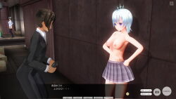 3d blue_eyes blue_hair breasts brown_hair business_suit comic crown dialogue femsub glasses hitori hypnotic_accessory jewelry large_breasts original remote_control school_uniform short_hair skirt tech_control text topless underwear undressing rating:Explicit score:3 user:ihaveacuteturtle