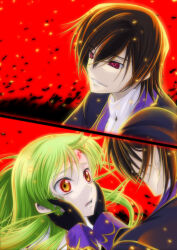 brown_hair c.c. code_geass comic femsub geass gloves glowing glowing_eyes green_hair hand_on_another's_cheek hypnotic_eyes left27 lelouch_lamperouge long_hair maledom short_hair rating:safe score: user:hypno