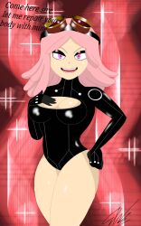 absurdres bodysuit corruption defeated eyeshadow female_only femsub goggles goggles_on_head hand_on_hip happy_trance long_hair looking_at_viewer lorddandan mei_hatsume my_hero_academia pink_hair pov pov_dom solo text unusual_pupils rating:Questionable score:68 user:LordDanDan