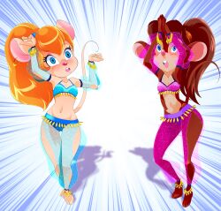 absurdres an_american_tail blonde_hair blue_eyes breasts brown_hair chip_n_dale_rescue_rangers crossover dancer dancing empty_eyes erohd female_only femsub furry gadget_hackwrench harem_outfit mouse_girl ponytail tanya_mousekewitz rating:Questionable score:98 user:daveyboysmith9